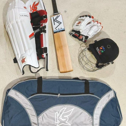 Cricket kit, cricket bat, batting pads, batting gloves, cricket helmet, cricket kit bag